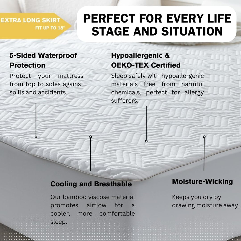 PremariLux 5-Sided Waterproof Mattress Protector – Soft Bamboo Viscose, Cooling & Breathable, Deep Pocket Fits 18” Bed, Hypoallergenic, Noiseless, Oeko-TEX Certified, Machine Washable (King)