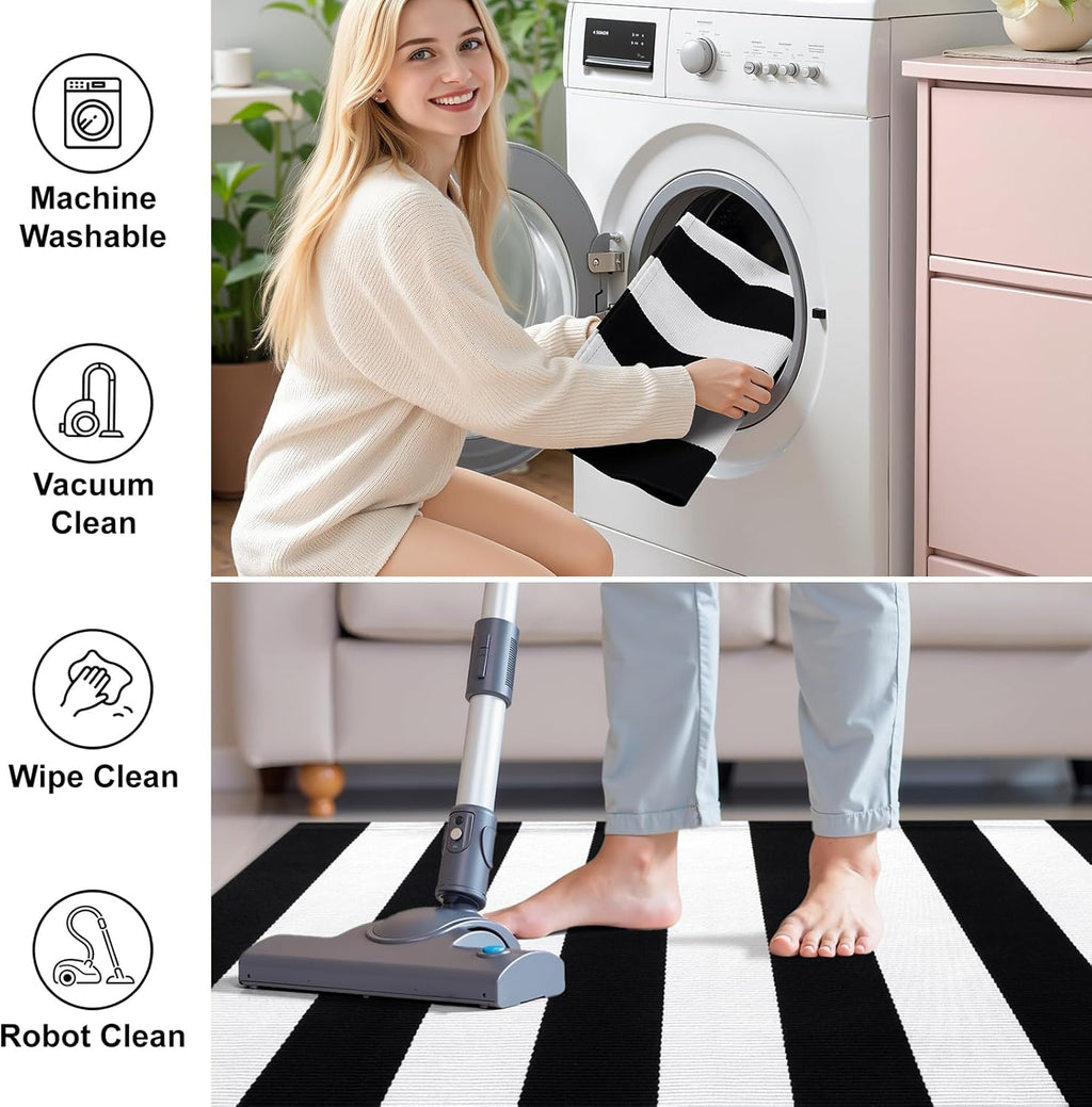 OLANLY Black And White Striped Rug - Washable Cotton Doormat 3' x 5' For Indoor/Outdoor Use