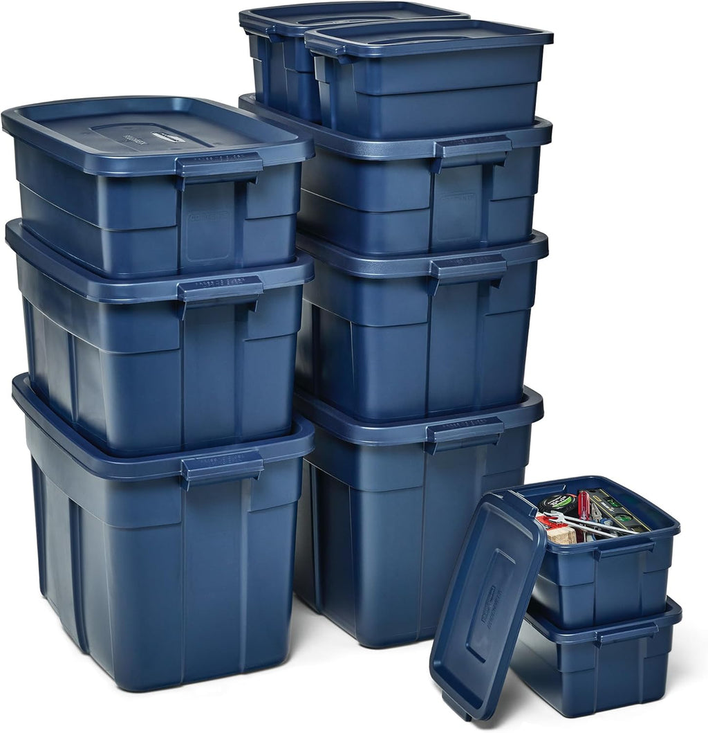 Rubbermaid Roughneck Tote - Durable Dark Indigo Metallic Storage Bins with Lids & Handles (Pack of 10)