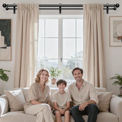 Double Curtain Rod, 1 Inch Black Dual Curtain Rods for Windows 48 to 84 Inch, Decorative Adjustable Heavy Duty Telescopic Spliced Window Treatment Rods Set for Bedroom Living Room Farmhouse