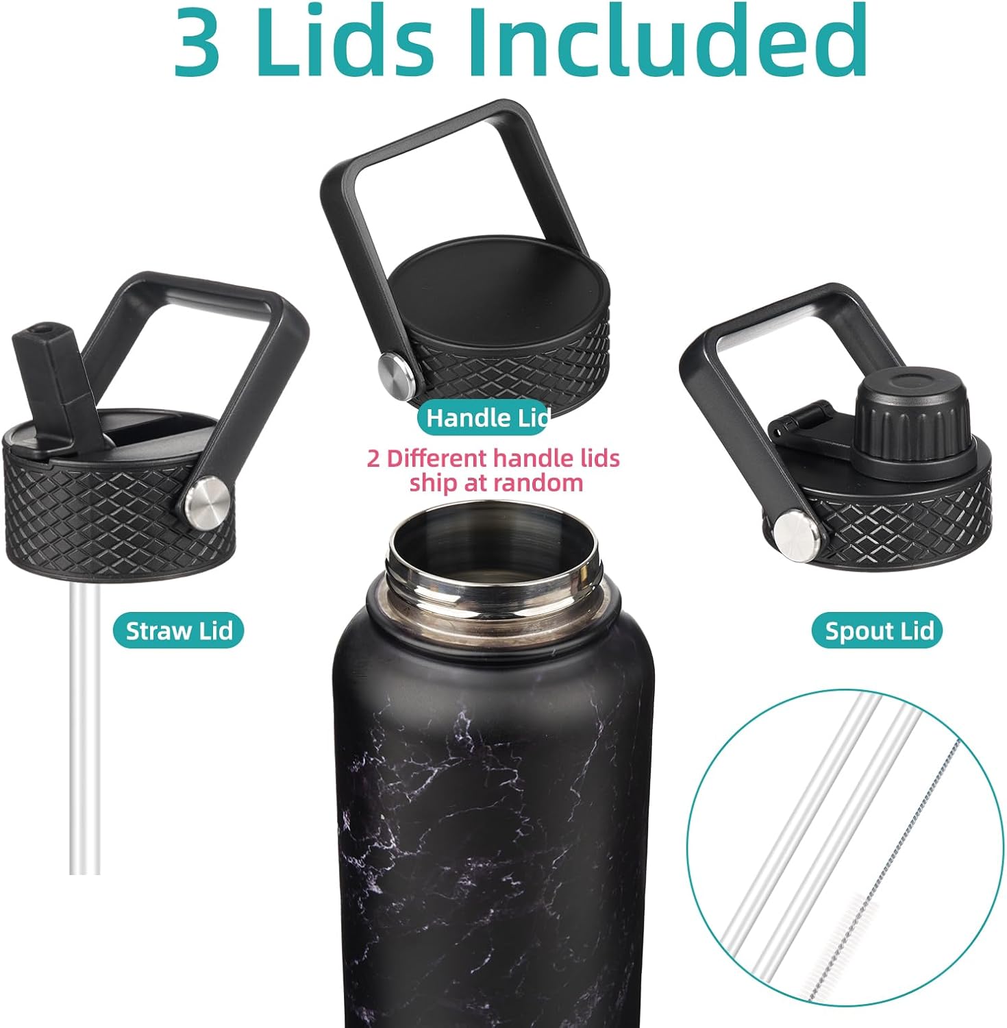Skiennix 18 oz Insulated Stainless Steel Water Bottle - Marble Midnight | 3 Lids Included