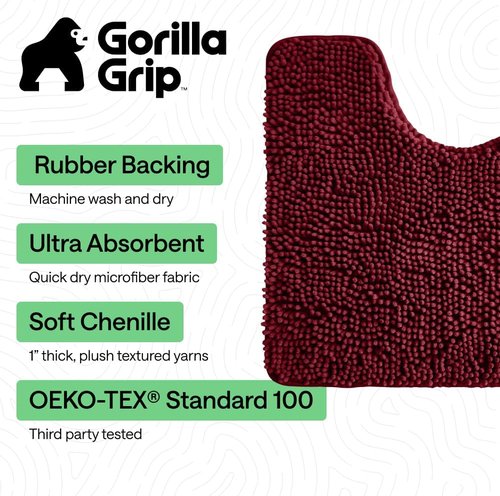 Gorilla Grip Plush Chenille Bath Rug Mat - Soft Microfiber for Oval Toilet Base | Machine Washable, Burgundy