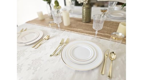 OCCASIONS 120 Plates Pack,(60 Guests) Heavyweight Premium Wedding Party Disposable Plastic Plates Set -60 x 10.5'' Dinner + 60 x 7.5'' Salad/Dessert (White & Gold Rim)