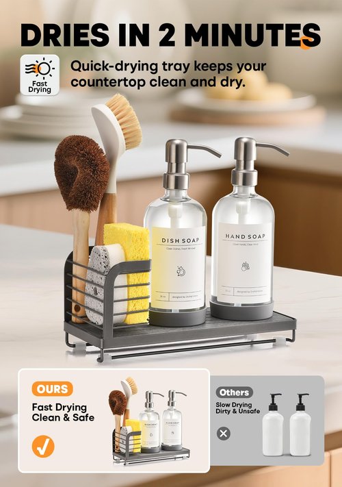 Kitchen Soap Dispenser Set with Drying Tray – 16oz Glass Bottles with Stainless Steel Pumps, Sink Organizer Caddy with Brush Holder & Non-Slip Feet – All-in-One Dish & Hand Soap Station