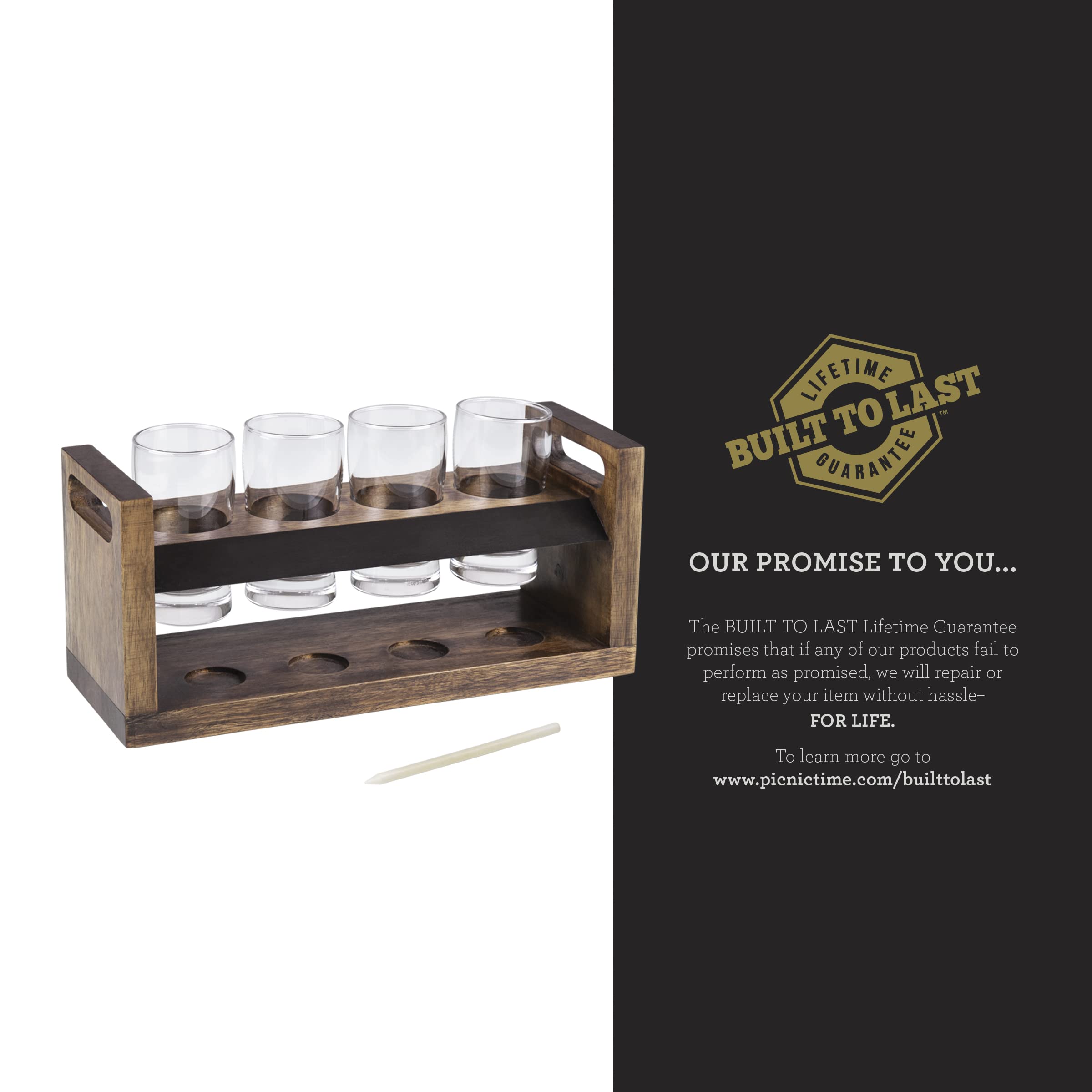 PICNIC TIME Craft Beer Flight Beverage Sampler, Beer Glasses Set, Gifts for Men, Bar Glasses Drinking Set with Carry Handles, Hollowed Areas, and Chalkboard Panel for Home and Bar, (Acacia Wood)