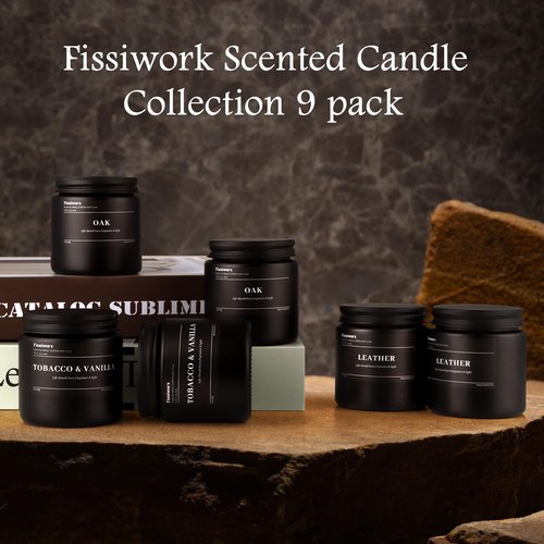 FISSIWORX 9 Pack Scented Candles Set Gifts for Men, Aromatherapy Candle Set with Scents (Leather/Vanilla/Oak) - Gift for Dad, Boyfriend, Birthday, Father’s Day, Valentine's Day Gift