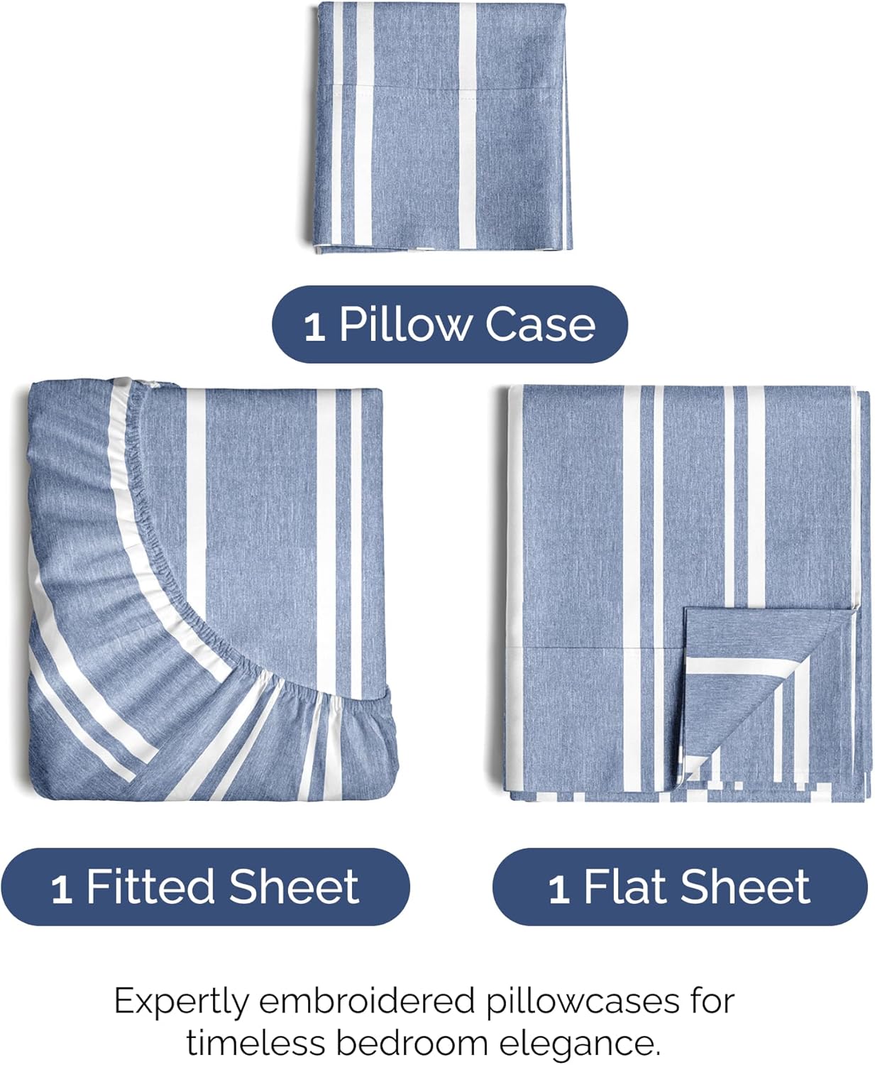 Skiennix Twin Size 3-Piece Sheet Set - Comfy, Breathable & Cooling - Luxury Blue Stripes Bedding for All Ages