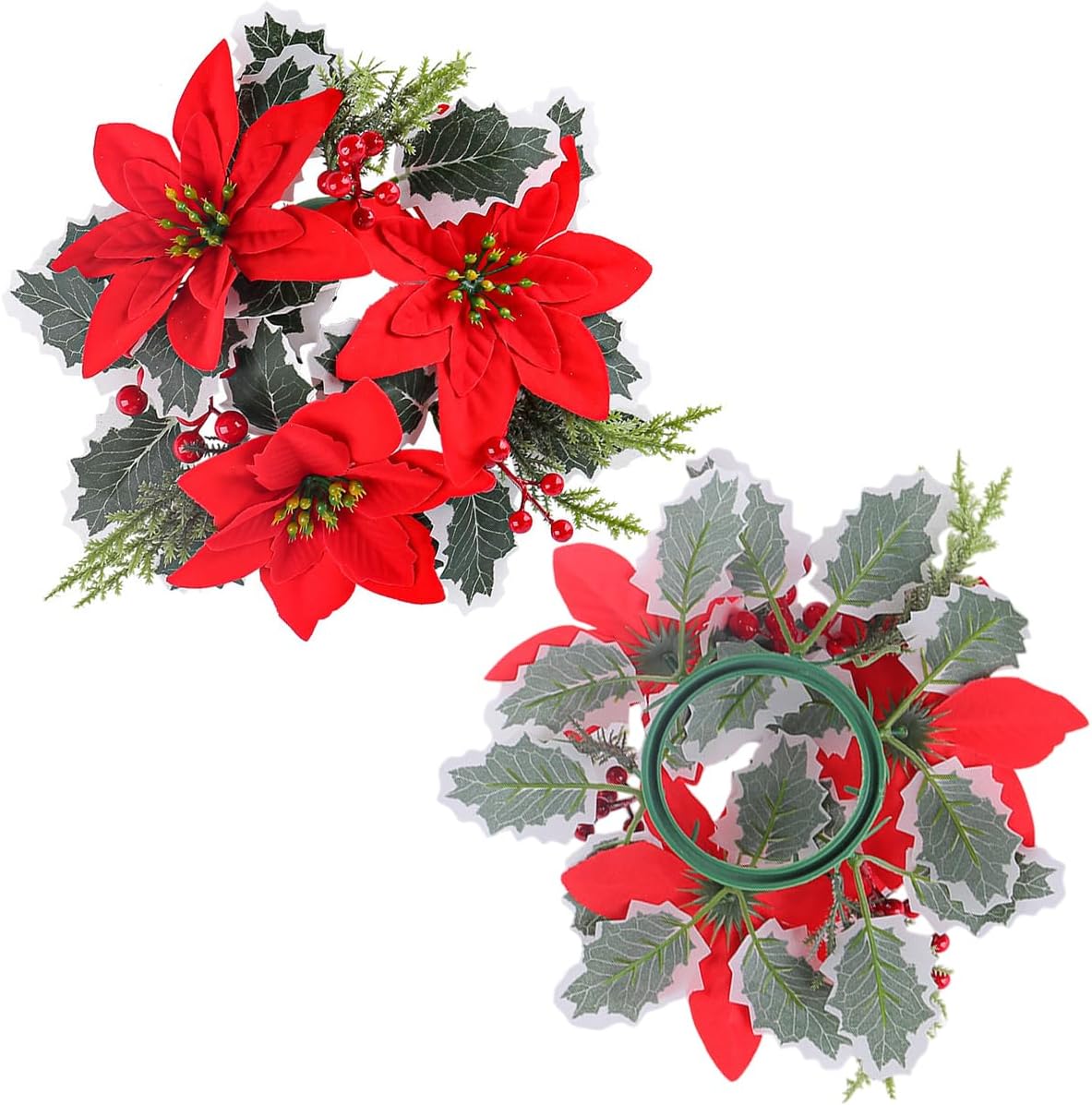 Regine Switzerland Christmas Candle Rings - Artificial Red Poinsettia & Pine Holders | 2 Pcs for Holiday Decor
