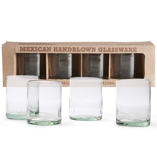 Verve CULTURE Mexican Highball Drinking Glasses, Unique Handblown Glassware, Glass Cups for Cocktails, Juice, Mixed Drinks, Elegant Tabletop Drinkware, Set of 4 (Clear, 13 oz)