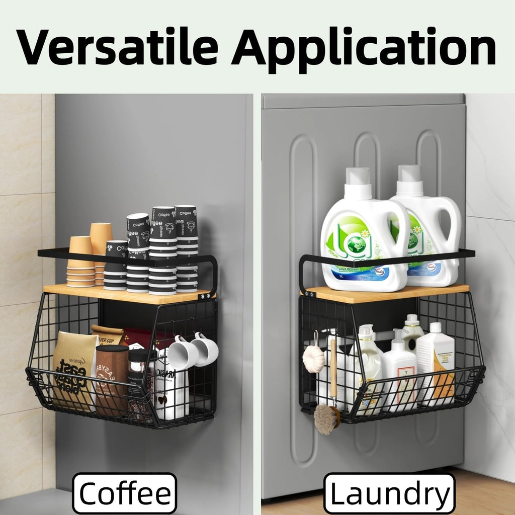 DecruKaltiz Magnetic Shelf for Fridge with Bamboo Lid,Fruit Vegetable Potato and Onion Wire Basket, Refrigerator Magnetic Spice Rack for Countertops, Cabinets, Laundry Rooms and RVs (Black, 1 Pack)