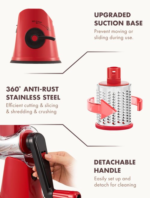 GDL Rotary Cheese Grater Hand Crank with 5 Interchangeable Blades - Upgraded Cheese Shredder Featuring Strong Suction Base for Cheese Shredding, Wavy Slicing, Nut Grinding, Ice Shaving