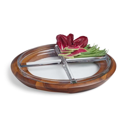 Nambé Cooper Collection Crudité Centerpiece – 13.75” Round Design with Glass Sections & Acacia Wood Base – Elegant Serveware for Fresh Snacks, Fruits & Vegetables, Perfect Table Accent for Dining