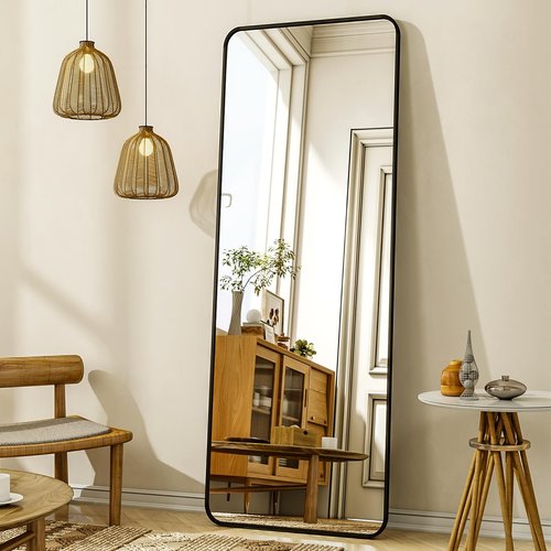 XRAMFY 56"x21" Floor Full Length Mirror Standing Full Body Rounded Corner Rectangle Mirrors with Stand Hanging Wall Mounted Leaning Bedroom Living Room Bedroom Cloakroom,Black