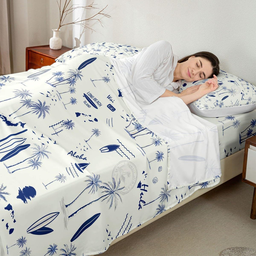 Coastal Beach Sheet Set King Size,Surfboard Sailboat Palm Tree Bedding Set 4Pcs for Kids Girls Boys Teens Room Decor Summer Ocean Life Bed Sheet Navy Blue White Fitted + Flat Sheet,2 Pillowcases