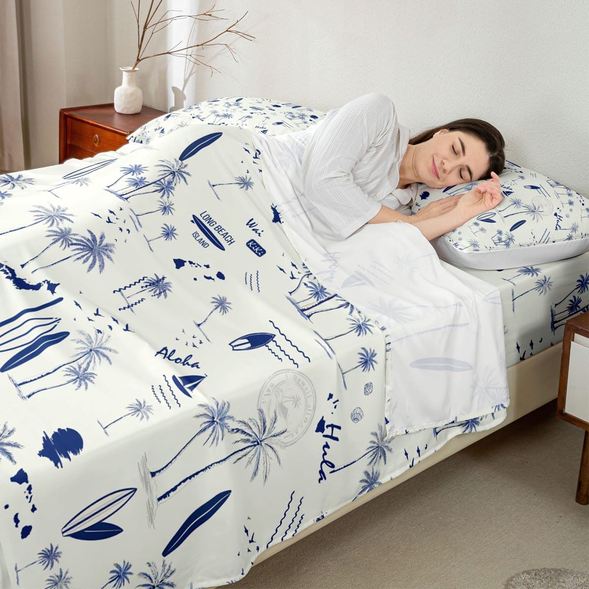 Coastal Beach Sheet Set King Size,Surfboard Sailboat Palm Tree Bedding Set 4Pcs for Kids Girls Boys Teens Room Decor Summer Ocean Life Bed Sheet Navy Blue White Fitted + Flat Sheet,2 Pillowcases