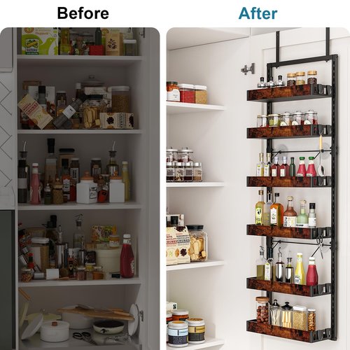 bukfen Over the Door Pantry Organizer, 6-Tier Adjustable Wooden Basket Kitchen Pantry Door Organization and Storage, Heavy-Duty Metal Hanging Kitchen Spice Rack, D6.3 x W17.71 x H50.60 inch, 1 Pack