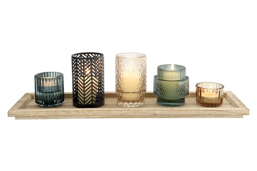 Bloomingville 5-Piece Embossed Glass and Metal Tealight Candle Holders in a Wood Tray, Multicolor