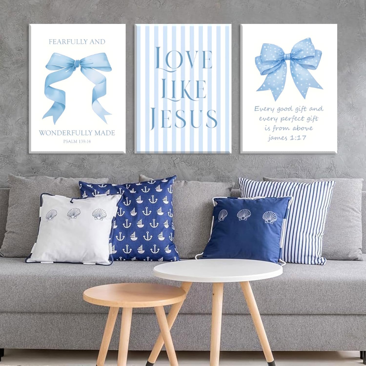 Blue Bow Jesus Canvas Wall Art - Inspirational Bible Verse Decor for Dorm Room | 12x16 Inch Framed
