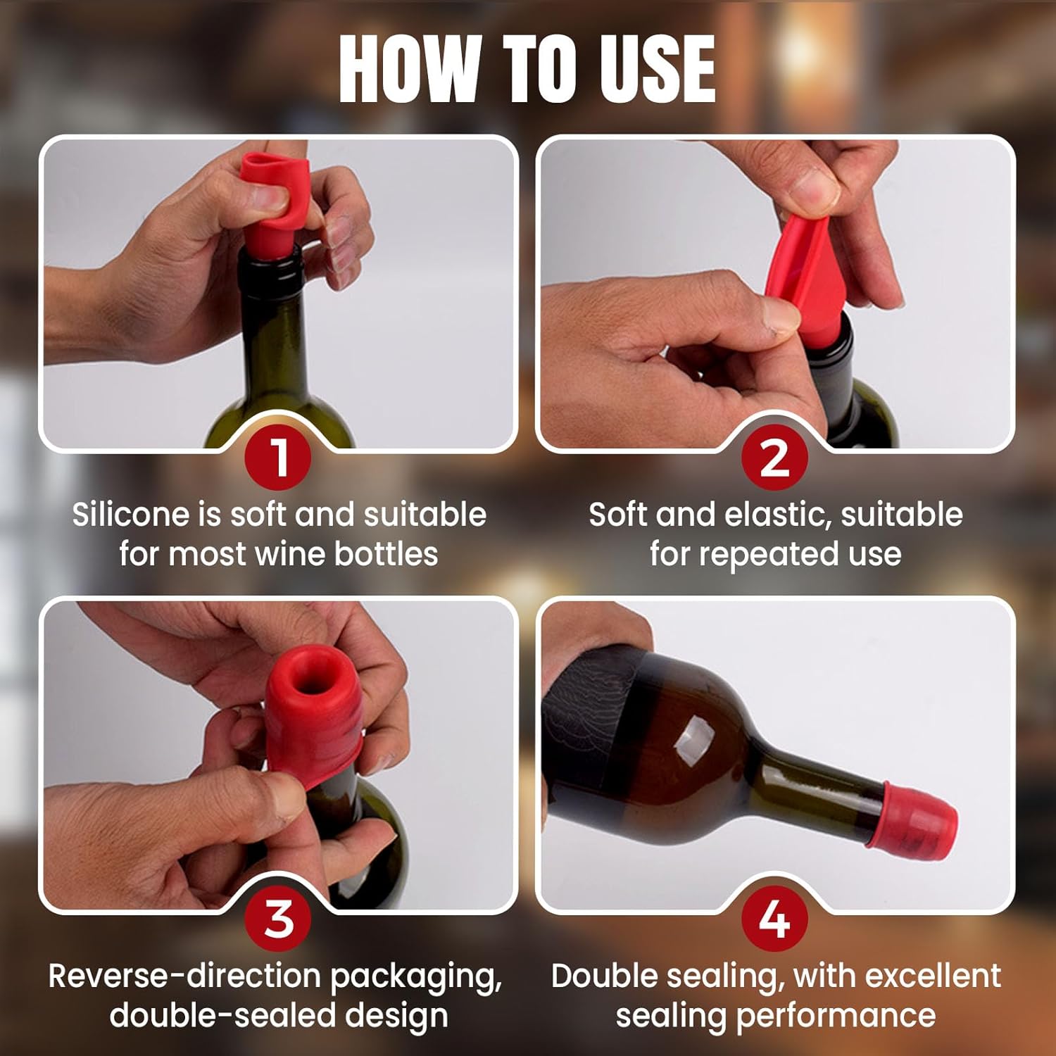 Silicone Wine Stopper for Wine Bottles, 2025 New Wine Stoppers for Wine Bottles, Seal Bottle Cover for Beer Champagne, Glass Bottle Sealer Covers Wine Stoppers for Home Use (4, All)