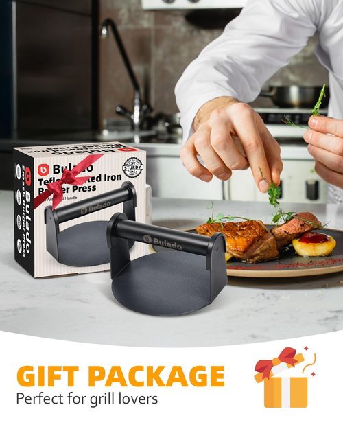 Bulado Burger Press, 6'' Round Burger Smasher for Griddle with Heat-Resistant Handle, Teflon-Coated Iron Non-Stick Hamburger Smasher Tool for Flat Top Griddle, Grill, BBQ, Cooking, Gift Package