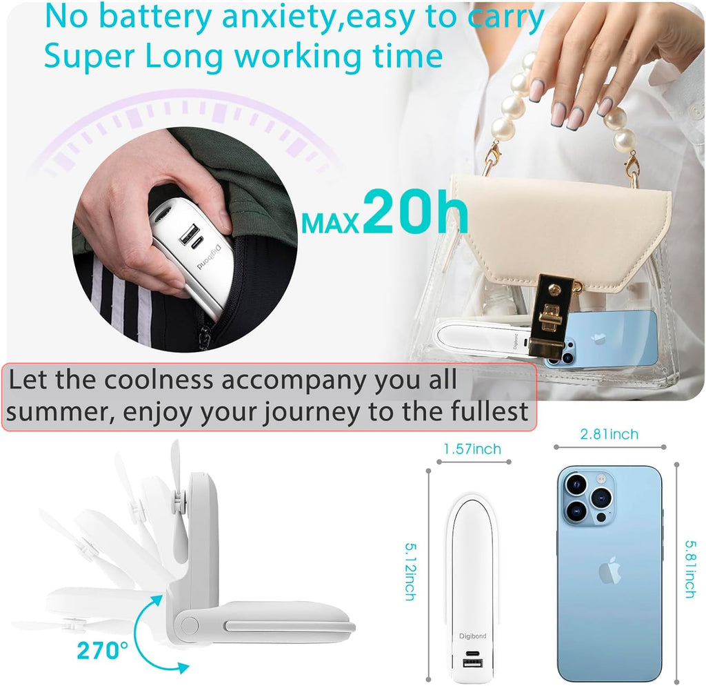 Skiennix Portable Handheld Fan - 6-in-1 Rechargeable Mini Fan with Flashlight & 3 Speeds (White)