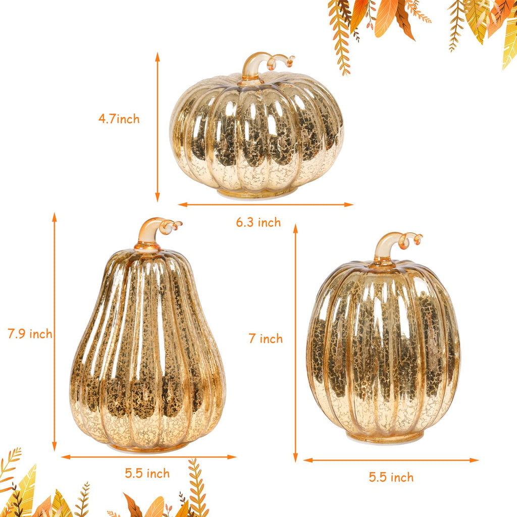 Glass Pumpkin Lights with Warm Yellow LED String, Set of 2 – 13.4” & 11.8” Tall Amber Glass Pumpkins for Fall, Halloween, Thanksgiving Table Centerpiece, Indoor Autumn Home Decor