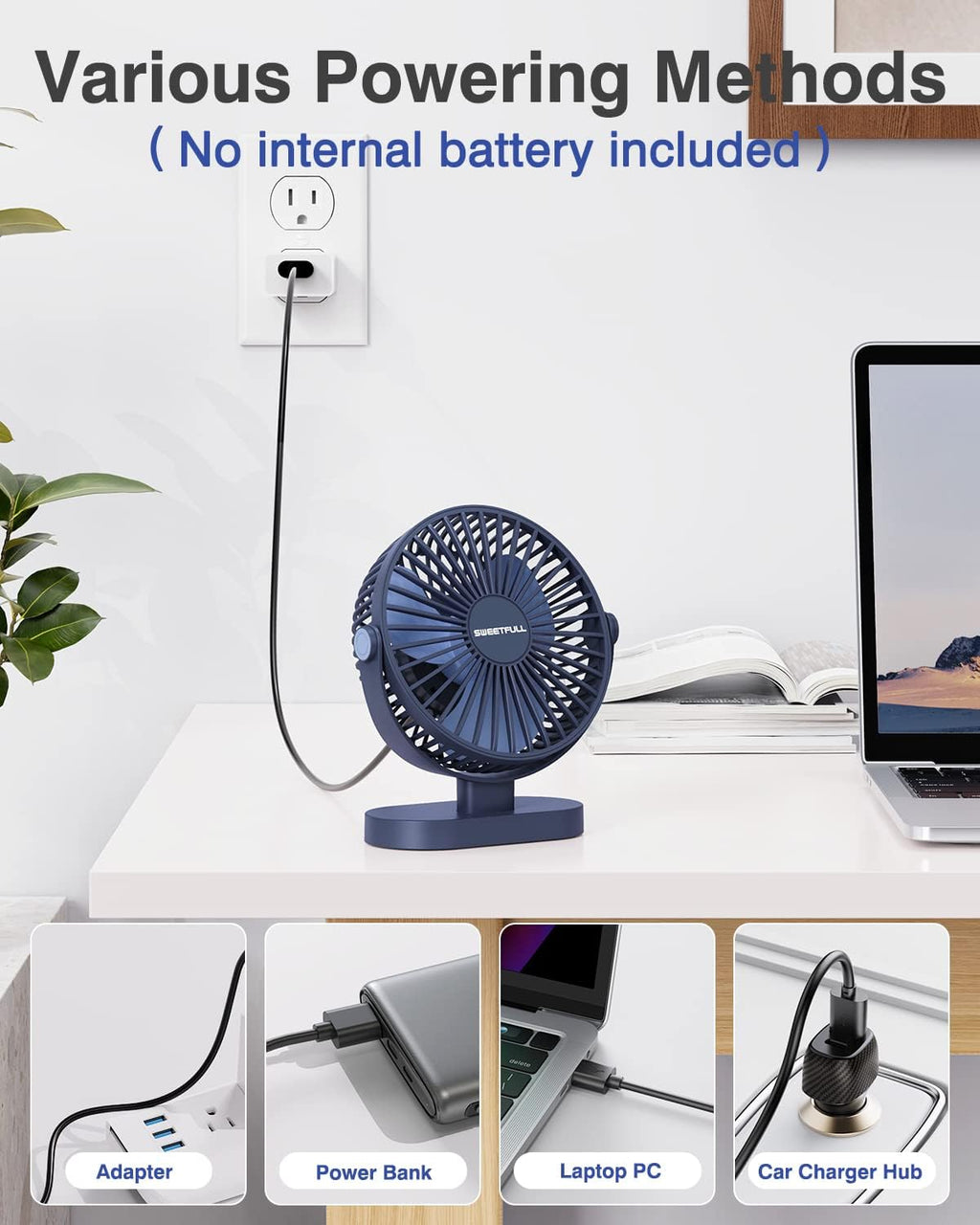 Sweetfull Small USB Desk Fan - Portable 3-Speed Mini Fan with 360° Adjustment | Quiet Operation in Blue