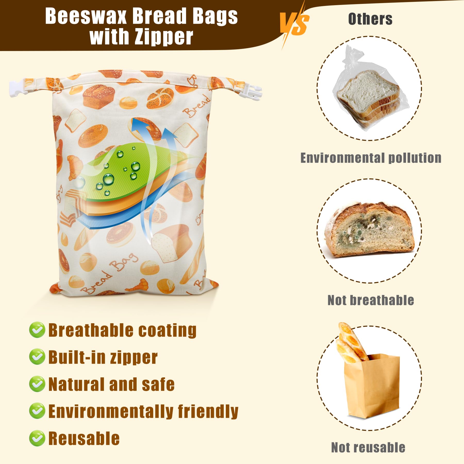 2 Pack Beeswax Bread Bags for Homemade Bread, Sourdough, Reusable Bread Bag XL Eco-Friendly Fresh Food Storage with Buckle & Zipper, Moisture Lock, Keeps Bakes Fresh Longer