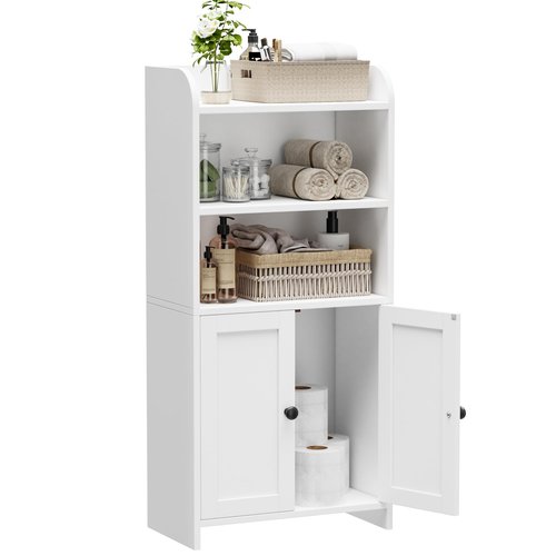 Homhedy Small Bathroom Storage Cabinet, Freestanding Toilet Paper Storage with 2 Doors and Shelves, Bathroom Organizers and Storage for Small Spaces, Laundry Room, 7.9" D x 14.6" W x 31" H, White