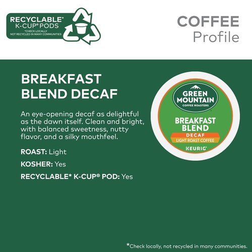 Green Mountain Coffee Roasters Breakfast Blend Decaf Coffee - Light Roast K-Cup Pods | 32 Count
