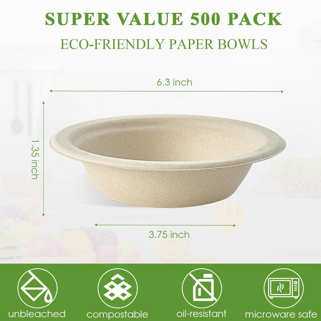 Vplus 500 Pack 12 OZ Paper Bowls Bulk, Disposable Compostable, Eco-friendly Bagasse, Heavy-duty Bowls Perfect for Milk Cereals, Snacks, Salads Nature