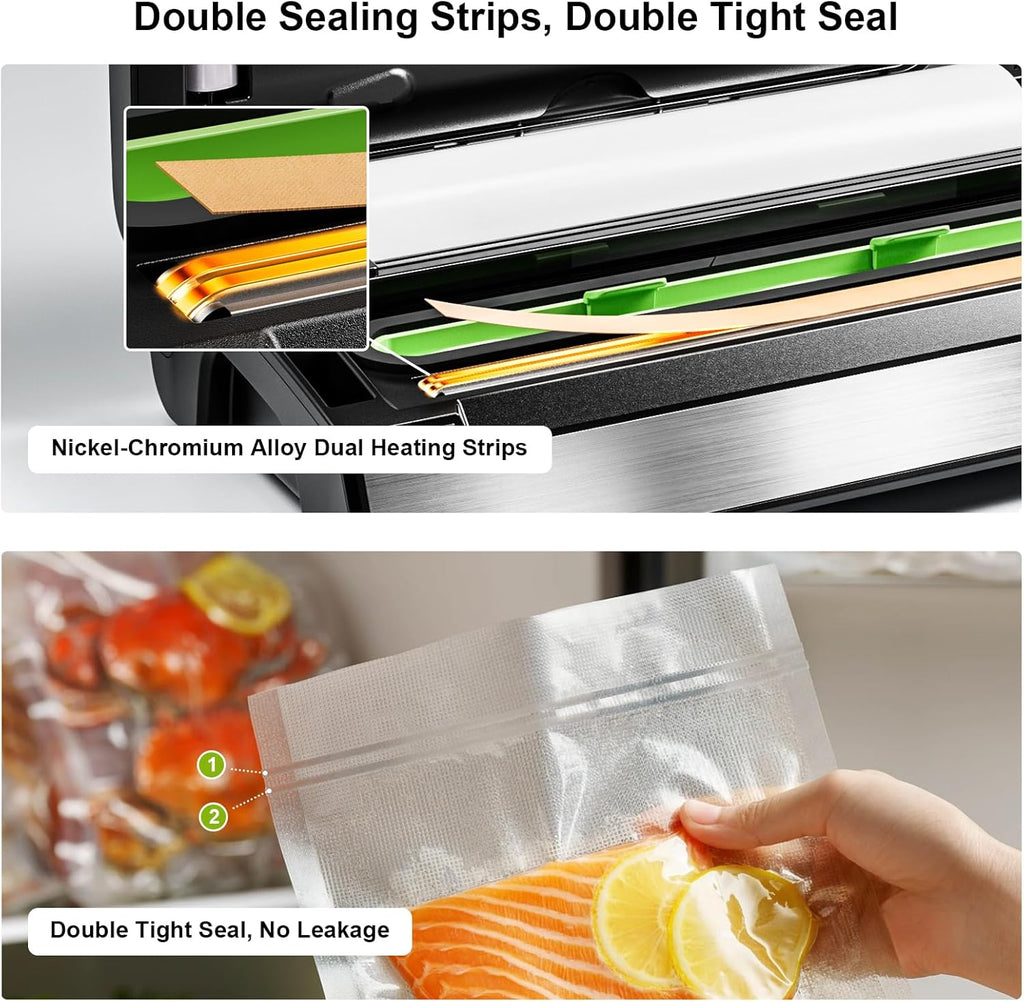 Vacuum Sealer Machine - 95kPa Precision with Double Heat Seal for Dry/Moist Food | Easy-Lock Handle & Built-in Storage - Silver