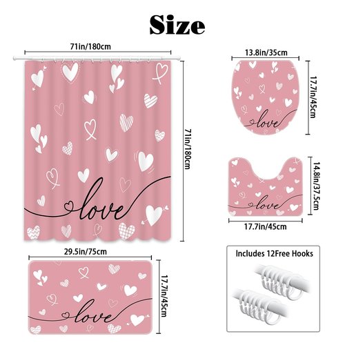 MEHOFOND 4pcs Valentines Shower Curtain Set Pink Love White Heart Shower Curtain Sets for Valentine's Day Bathroom Decor Sweetheart Bathroom Curtains with Non-Slip Rugs Toilet Lid Cover and Bath Mat