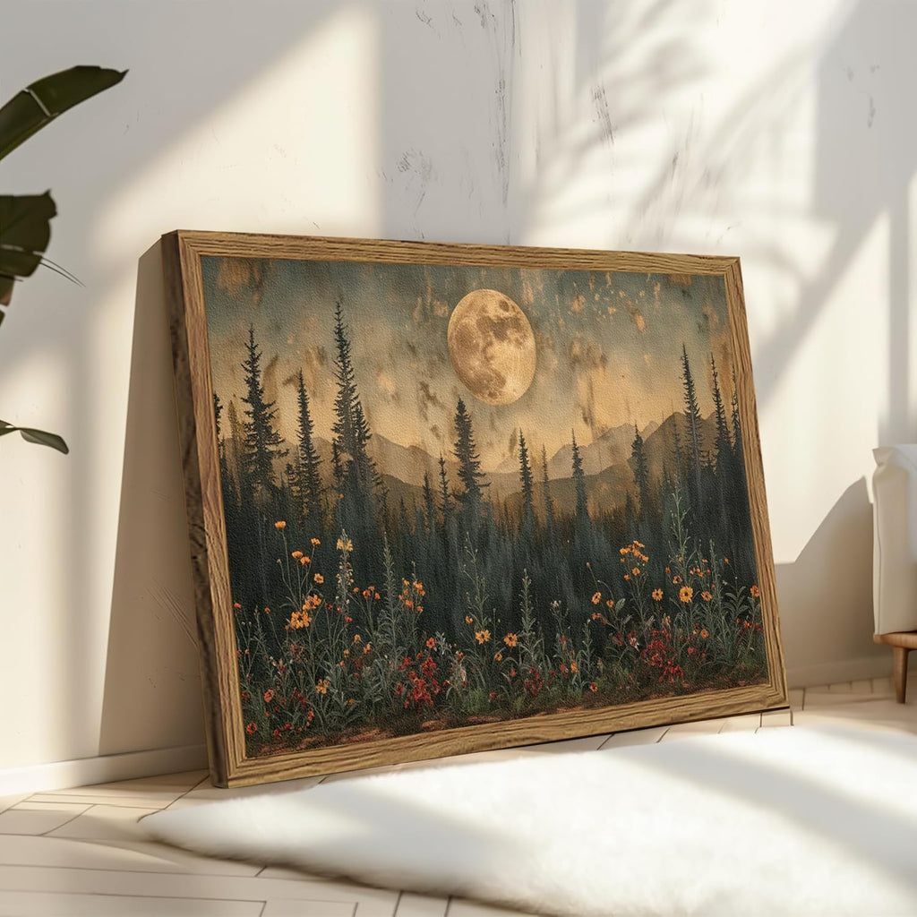 Vintage Nature Forest Wall Art - Dark Moon Landscape Painting | 3D Textured Framed Artwork 12x16