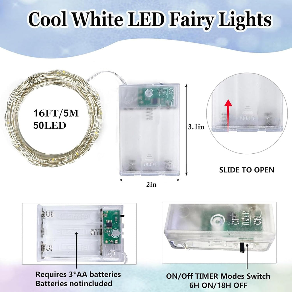 Skiennix 6-Pack Battery Operated Fairy Lights - Waterproof 16FT 50 LED String Lights | Cool White for Indoor/Outdoor Decor