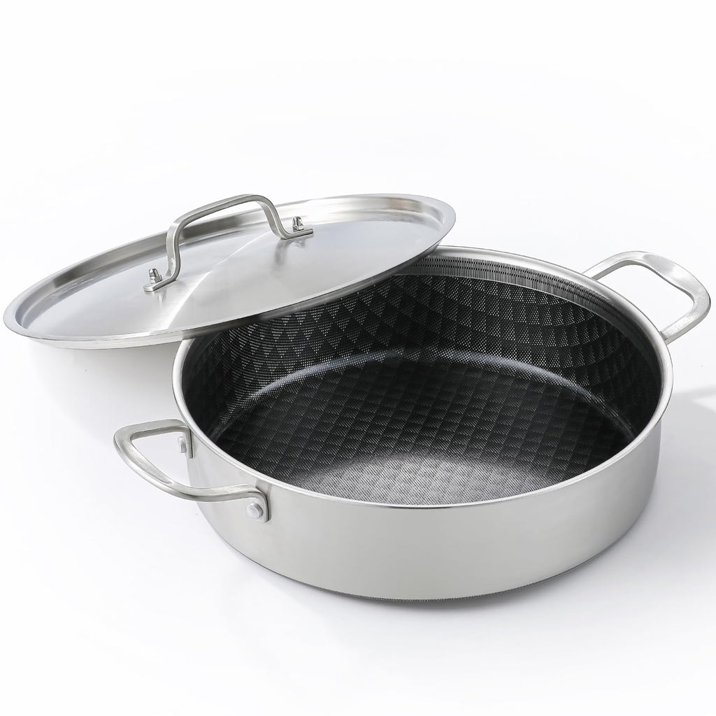 DELARLO Tri-Ply Stainless Steel Braiser Pan with Lid 5 Quart Nonstick Induction Cooking Rondeau Pot 12 Inch Deep Frying Pan Large Saute Pan Heavy Duty, Dishwasher and Oven Safe to 550℉
