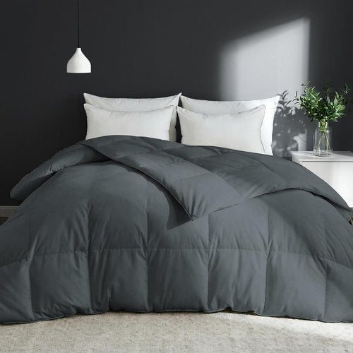 Goose Feather Comforter Queen Size, Duvet Insert All Season Queen, Bed Comforter Quilted Hotel Luxury Fluffy 100% Cotton Blanket with 8 Corner Tabs, 90 x 90 Inch, Grey, Machine Washable