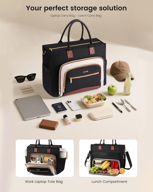 LOVEVOOK Lunch Tote Bag for Women, 3 in 1 Work Bag with Insulated Lunch Compartment, Laptop Bag with Large Cup Holder for Office, College, Casual,Teacher,Nurse