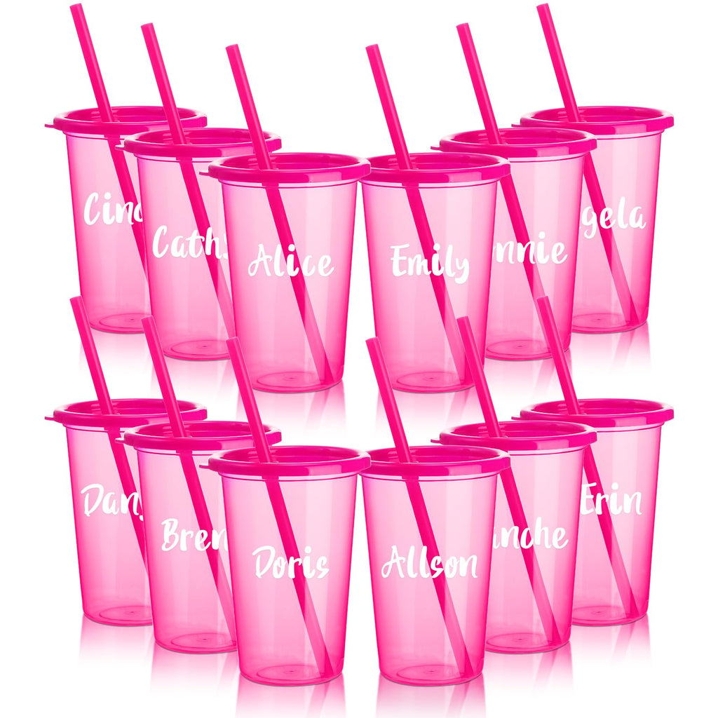 Nuanchu Plastic Cups with lids and Straws Reusable 14oz Tumbler with Sheets Letter Stickers for adult Iced Coffee Cup Travel Mug for Party Favors Beach Juices(Hot Pink,12 Pcs)