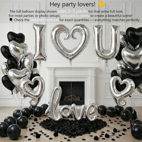I Love You Balloons for Him/Her Balloons black Sliver romantic balloon kit with black Sliver +heart mylar balloons rose petals for hotel Decorations Valentines Party wedding anniversary supplies