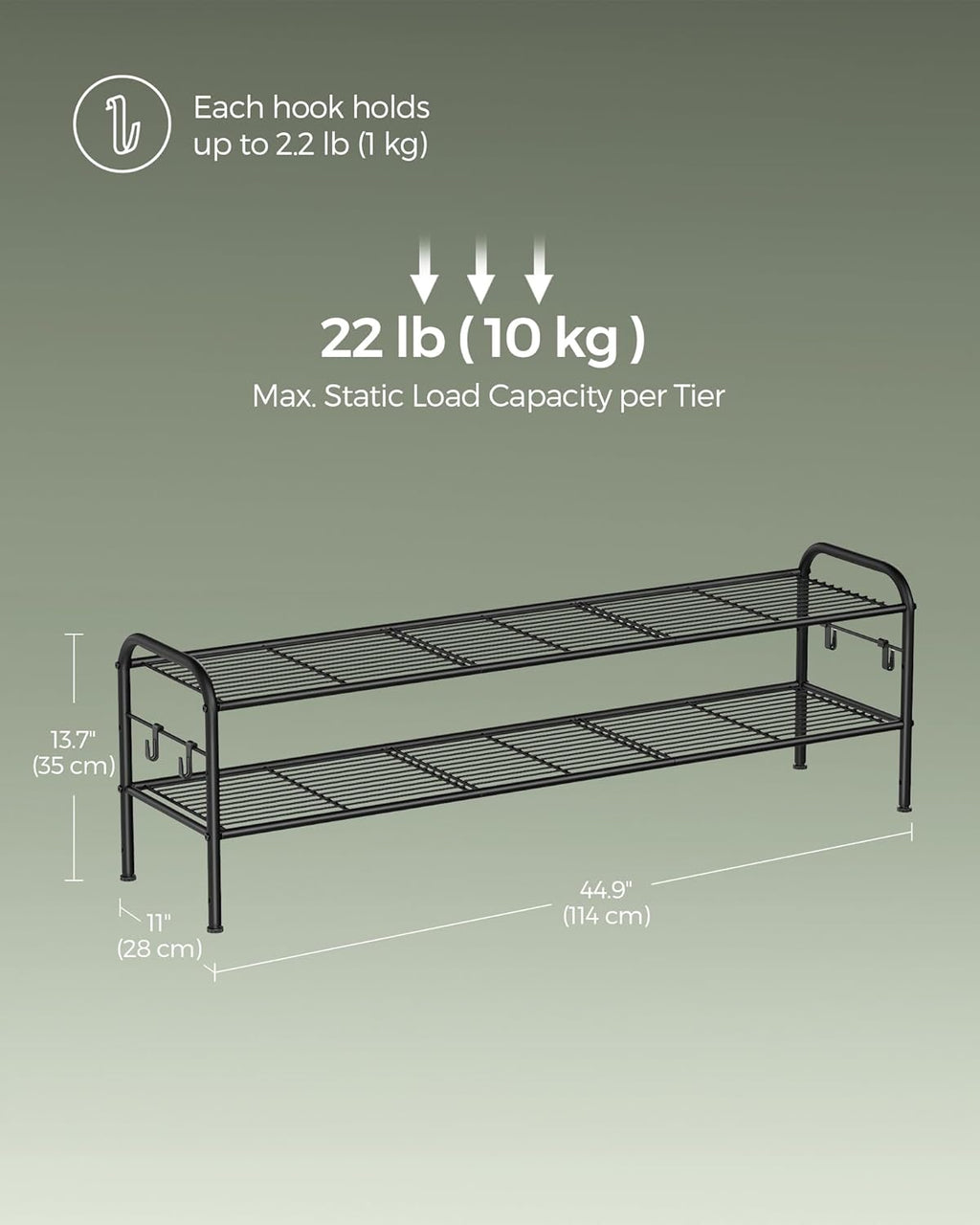 SONGMICS 2-Tier Shoe Rack - Height-Adjustable Metal Organizer with 4 Side Hooks | Holds 18 Pairs - Ink Black