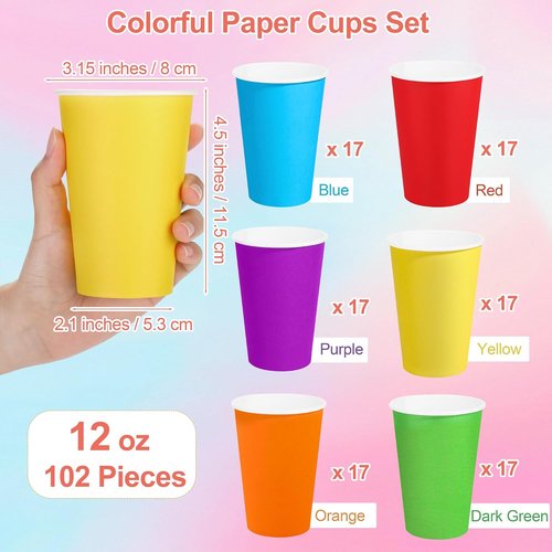 Kochorie 100 Pack Disposable Rainbow Paper Cups - Colorful 12 Ounce Birthday Party Supplies | 6 Vibrant Colors