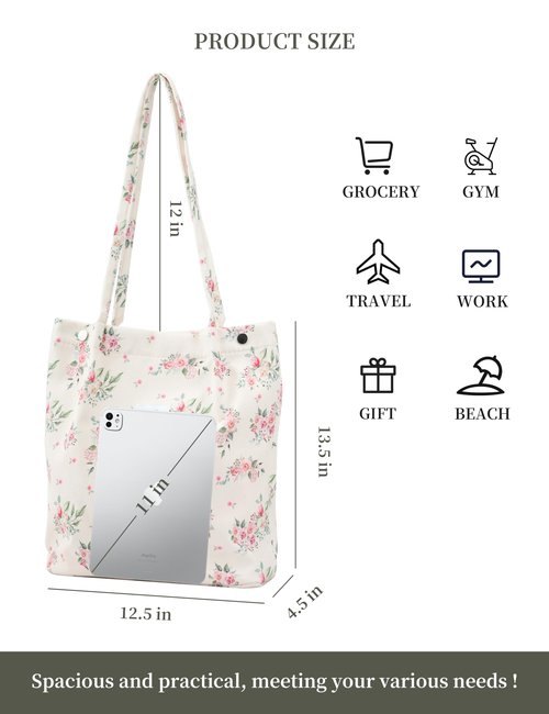 Corduroy Tote Bag Cute Tote Bags for Women Shoulder Bag with Inner Pocket for Work Beach Travel and Shopping Grocery (Peony)