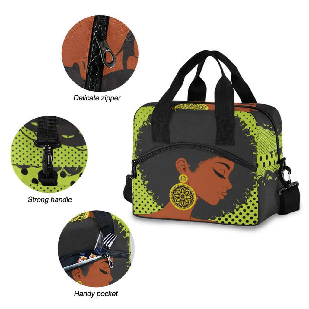 Reusable Lunch Bag for Girls Women,African American Woman Lunch Box Container with Detachable Shoulder Strap,Insulated Lunch Coolers for School Office