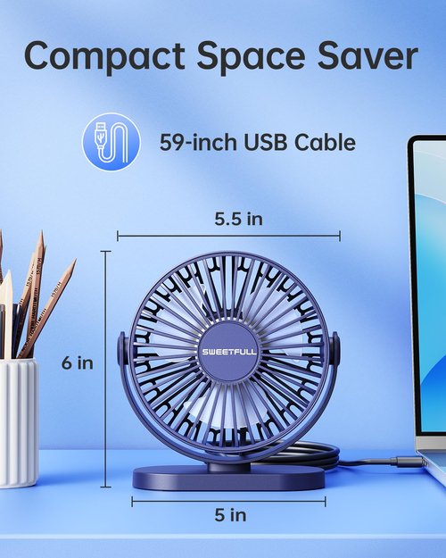 SWEETFULL USB Desk Fan Small Quiet - 3 Speeds Mini Personal Portable Fan 360° Rotation Adjustable, 5.5 Inch Office Table Cooling Gadgets on Desktop (Blue)