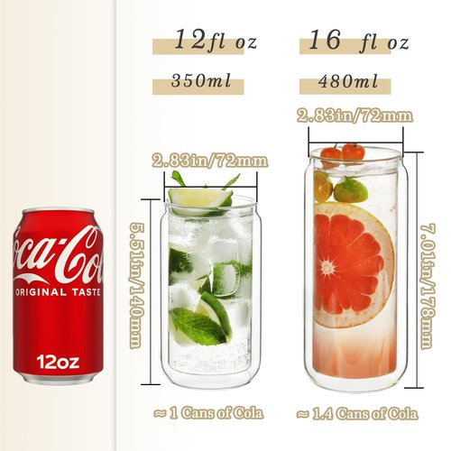 LIBWYS 12oz Double Wall Drinking Glass Cups with Bamboo Lids and Straws, 2 Pc Set – Condensation Resistant Insulated Glass Can Tumblers for Cold Drinks, Iced Coffee, Tea, Juice, Cleaning Brush