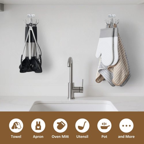 ZEDODIER Kitchen Cooking Utensil Holder, 360° Rotating Kitchen Hooks for Hanging Utensils, Heavy Duty Metal Utensil Rack with 8 Storage Capacity for Utensil, Towel, Pot, Glove, Aprons, Silver