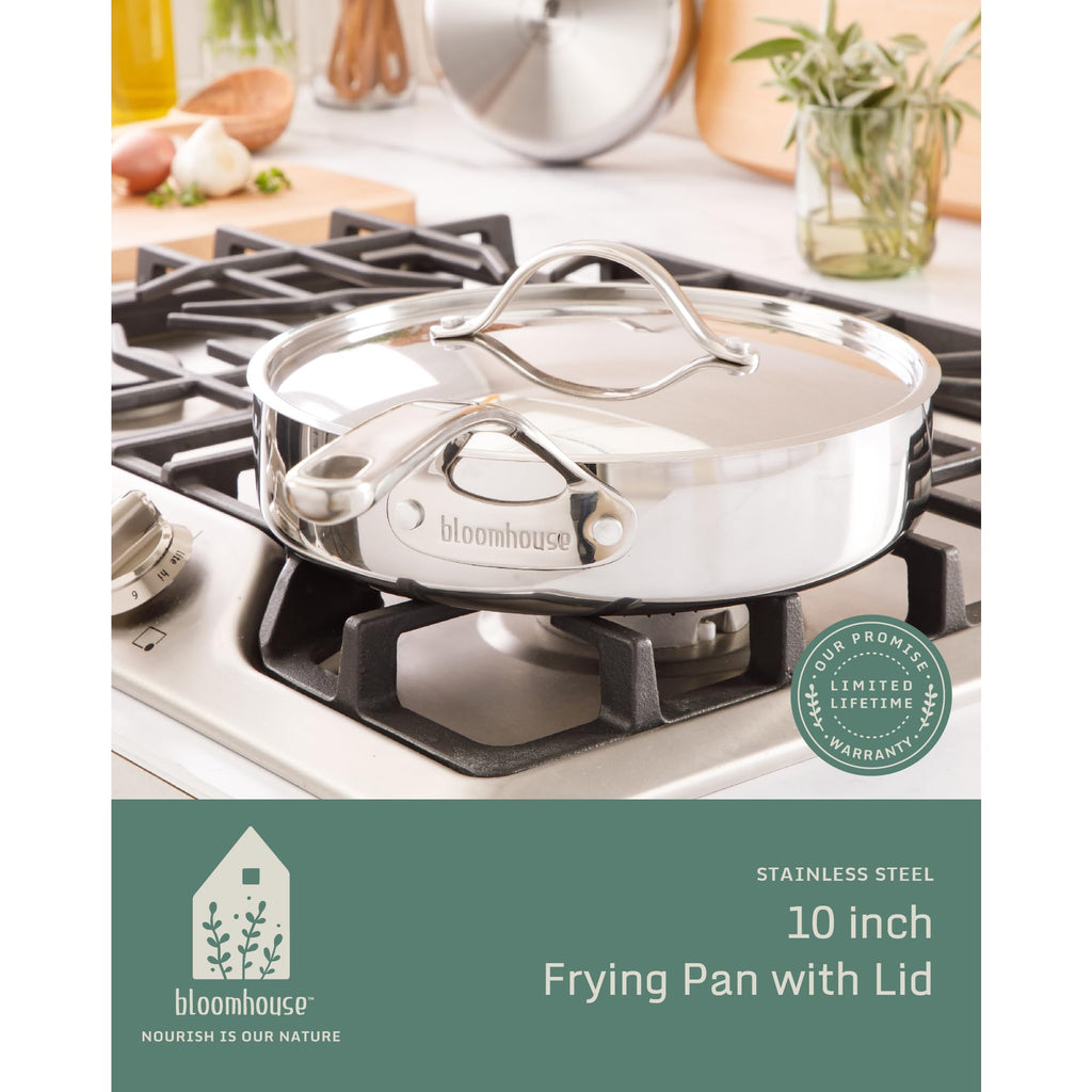 Bloomhouse - Two Time Oprah's Favorite Things Winner - 10 Inch Triply Stainless Steel Fry Pan W/Lid W/Non-Stick Non-Toxic Pro Ceramic Interior Frying Pan