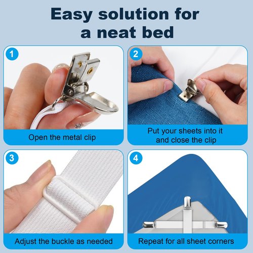 BRTERMA Premium Adjustable Bed Sheet Clips with Elastic Straps and Clips for Securely Holding Sheets in Place, Fits Mattresses from 20" to 79"（Black）