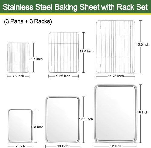 E-far Baking Sheet Set - Stainless Steel Cookie Pans with Cooling Racks | 16/12.5/9.3 Inch, Non-Toxic & Easy Clean